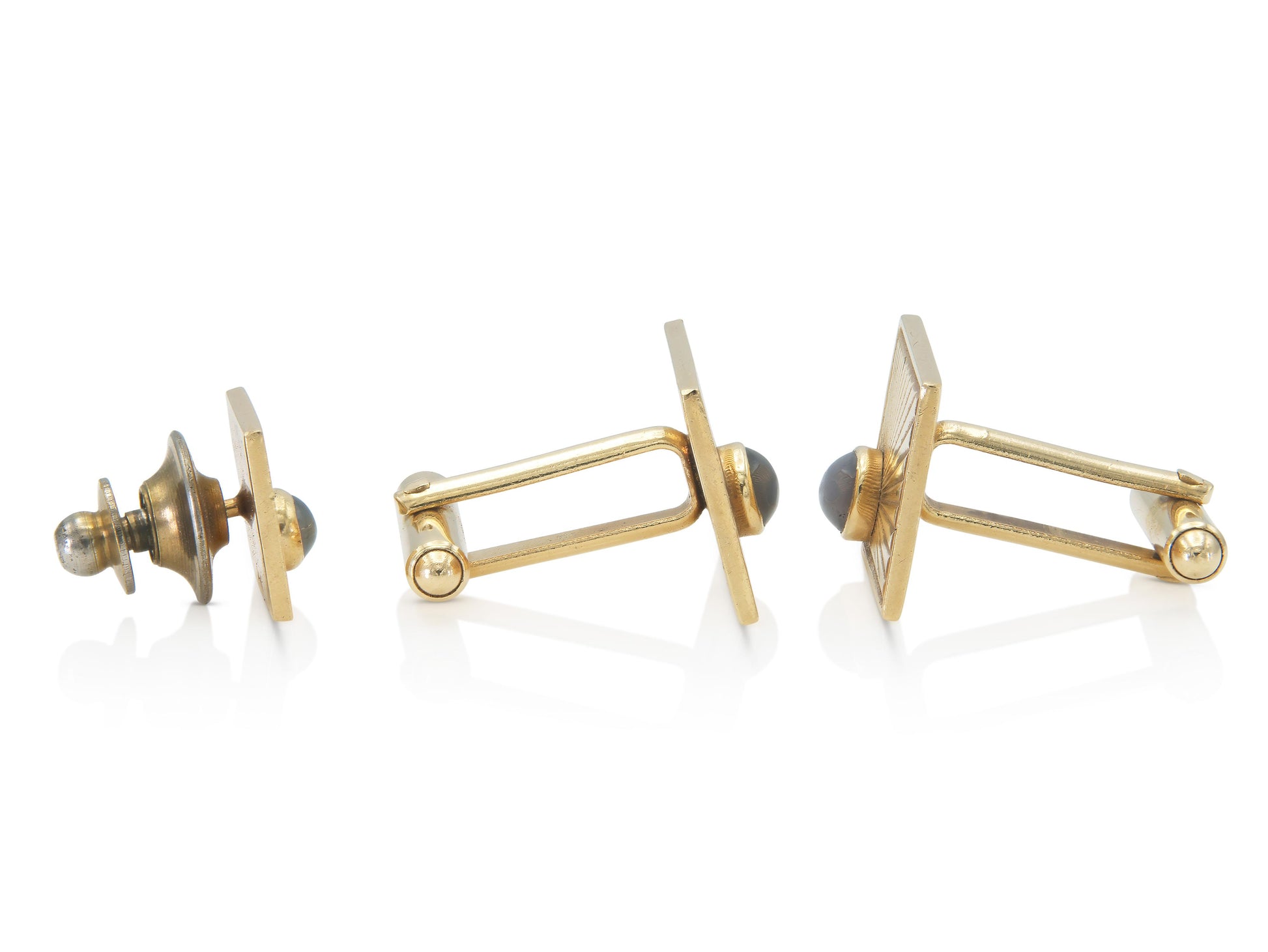 Vintage 1960s Gold Sun Ray Cufflinks and Tie Tag Set with Star Sapphires
