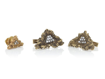 Vintage 1950s Gold Cufflinks and Tie Tag Set with Diamonds