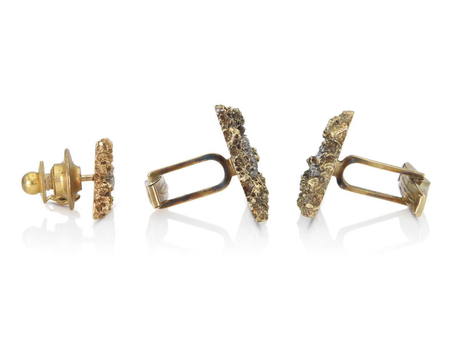 Vintage 1950s Gold Cufflinks and Tie Tag Set with Diamonds