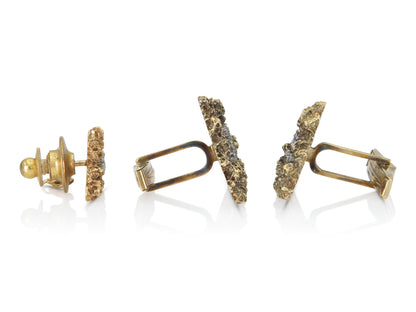 Vintage 1950s Gold Cufflinks and Tie Tag Set with Diamonds