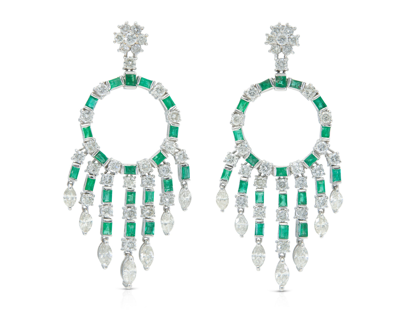 5.56 Carat Diamond and 2.26 Carat Emerald Circle Diamond Earrings
