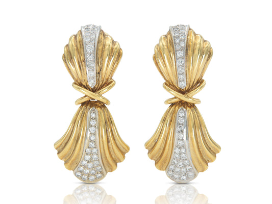 Vintage 1980s Gold Dangle Earrings with Diamonds