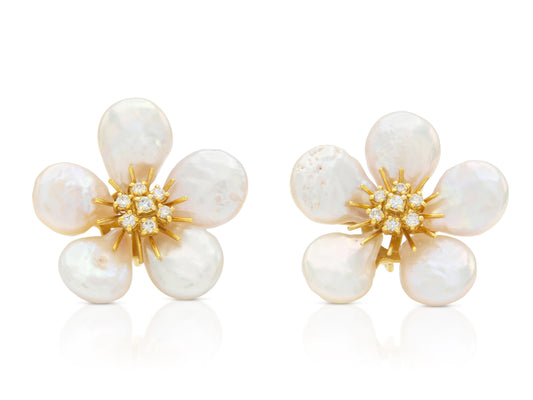 Mother of Pearl Flower Earrings with Diamonds