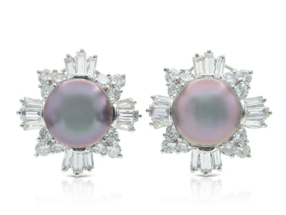 Vintage 1950s Tahitian Pearl and 3.80 Carat Diamond Earrings