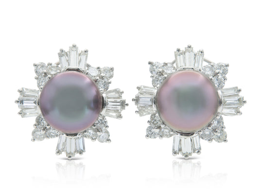 Vintage 1950s Tahitian Pearl and 3.80 Carat Diamond Earrings