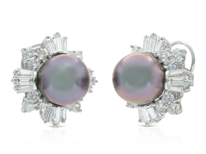 Vintage 1950s Tahitian Pearl and 3.80 Carat Diamond Earrings