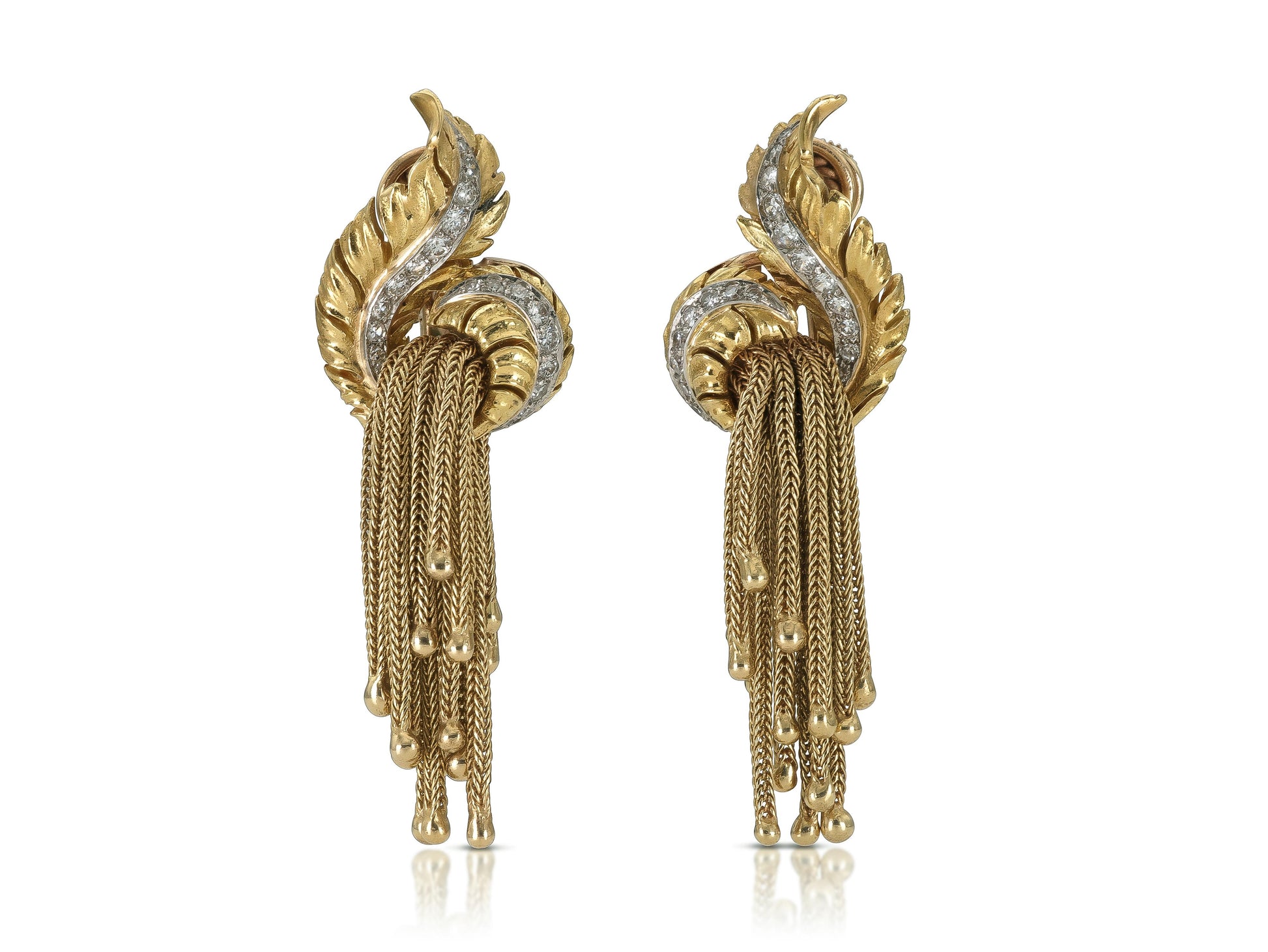 Vintage 1940s Retro Gold Feather Earrings with Tassels and Diamonds