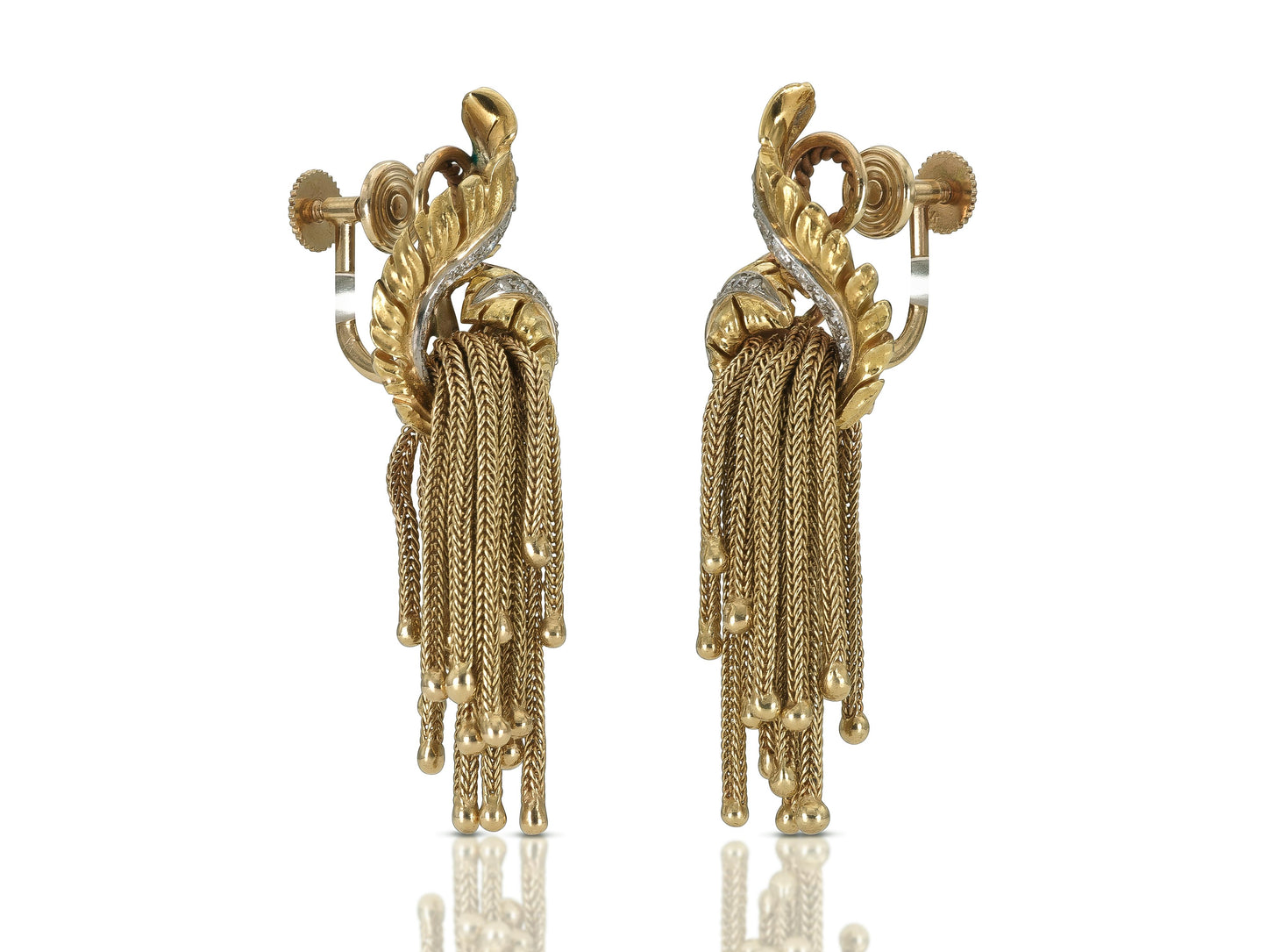 Vintage 1940s Retro Gold Feather Earrings with Tassels and Diamonds