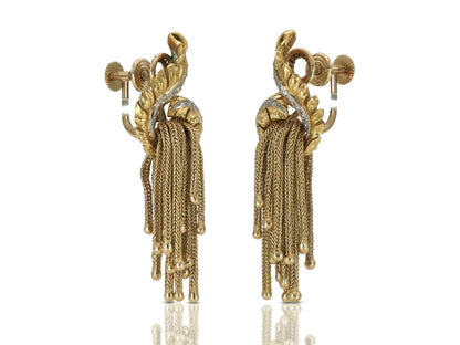 Vintage 1940s Retro Gold Feather Earrings with Tassels and Diamonds