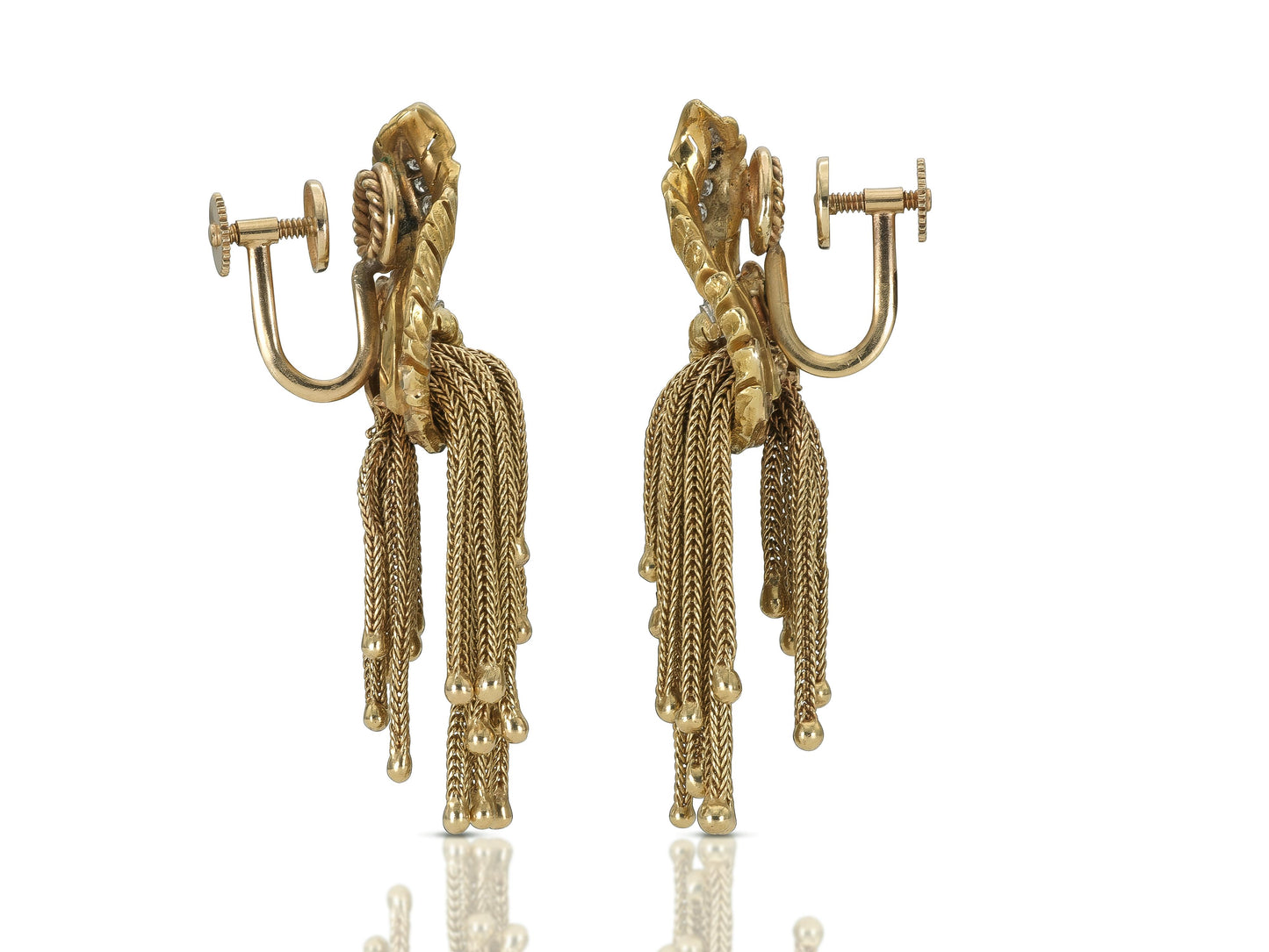 Vintage 1940s Retro Gold Feather Earrings with Tassels and Diamonds