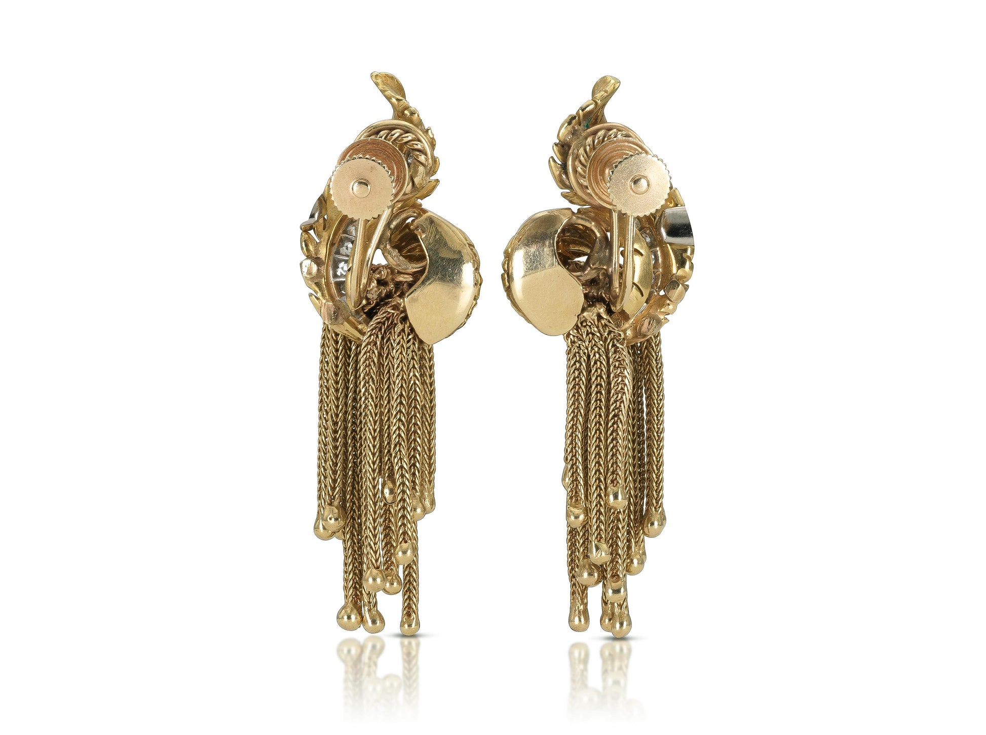 Vintage 1940s Retro Gold Feather Earrings with Tassels and Diamonds