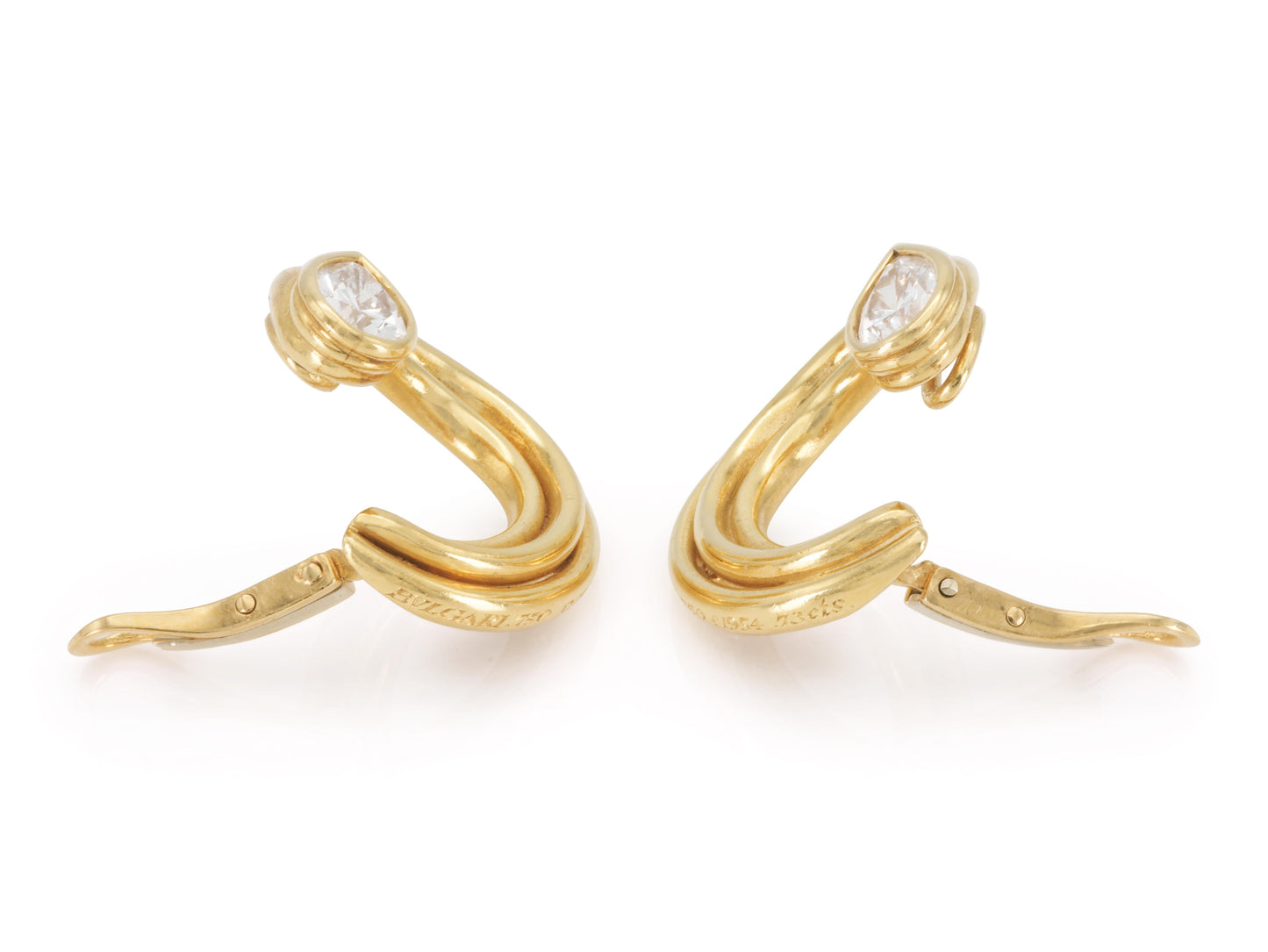 Vintage 1970s Bvlgari Gold and 1.50 Carat Pear-Shaped Diamonds Hoop Earrings