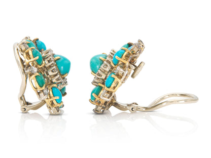 Vintage 1950s Turquoise Flower Earrings with Diamonds