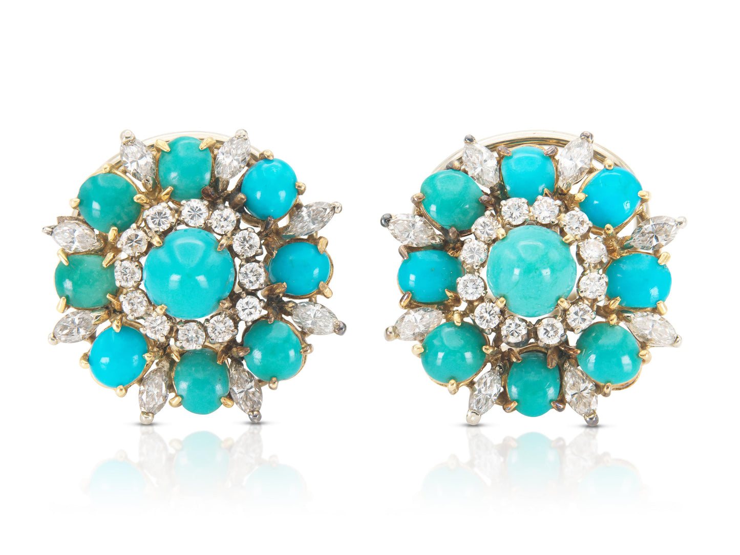 Vintage 1950s Turquoise Flower Earrings with Diamonds