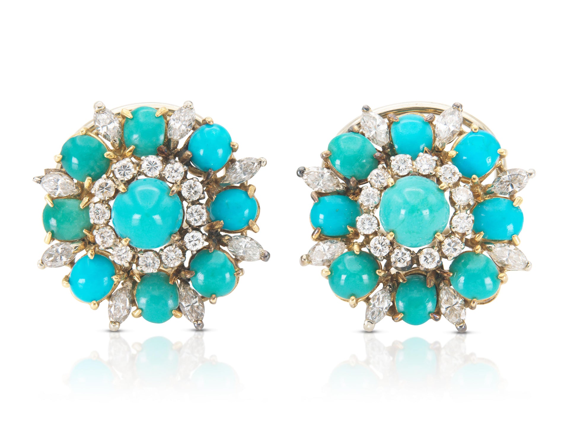 Vintage 1950s Turquoise Flower Earrings with Diamonds