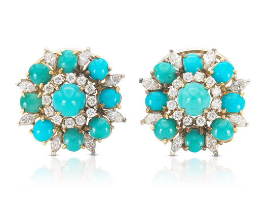 Vintage 1950s Turquoise Flower Earrings with Diamonds