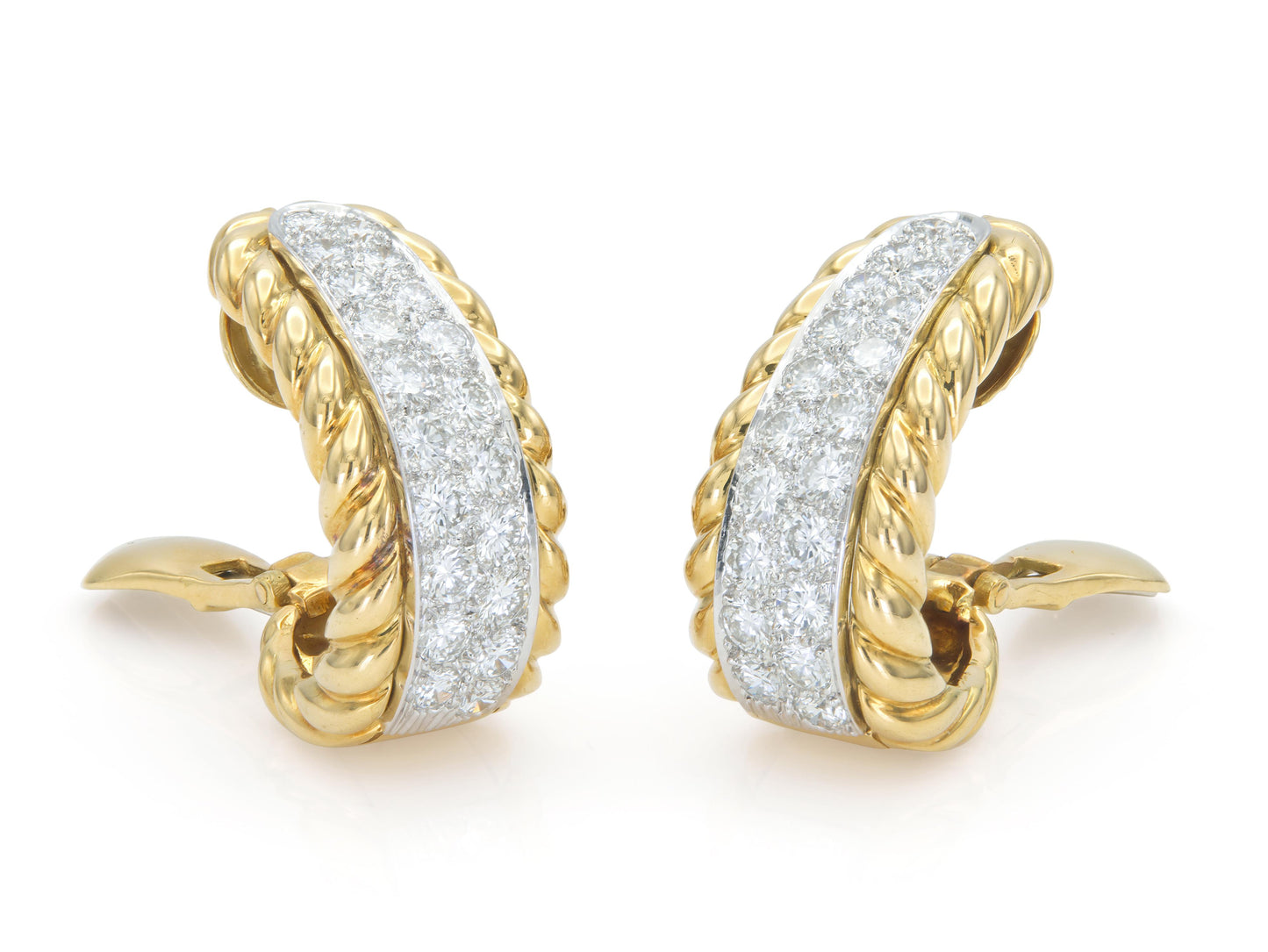 Vintage 1970s David Webb 5.00 Carat Diamond and Gold Rope Hoop Earrings