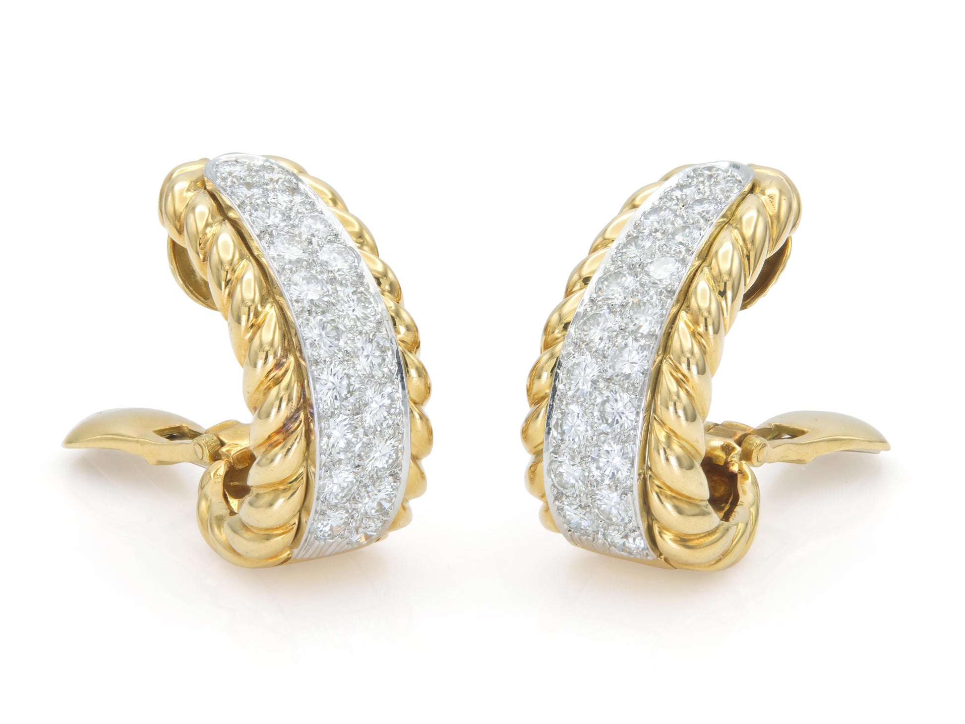 Vintage 1970s David Webb 5.00 Carat Diamond and Gold Rope Hoop Earrings