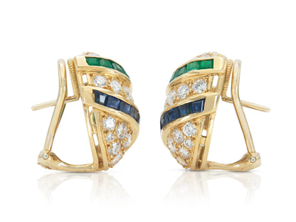Oscar Heyman Diamond, Emerald & Sapphire Earrings