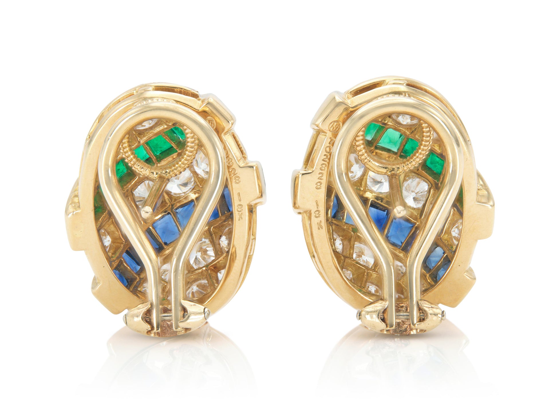 Oscar Heyman Diamond, Emerald & Sapphire Earrings