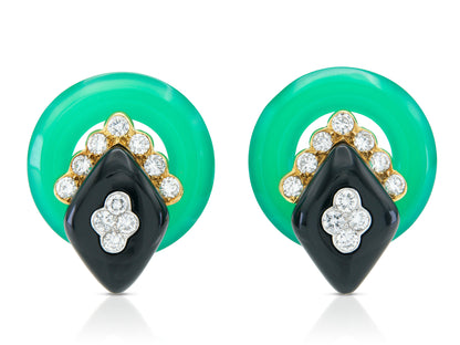 Vintage 1970s Van Cleef & Arpels Chrysoprase, Onyx & Diamond Earrings