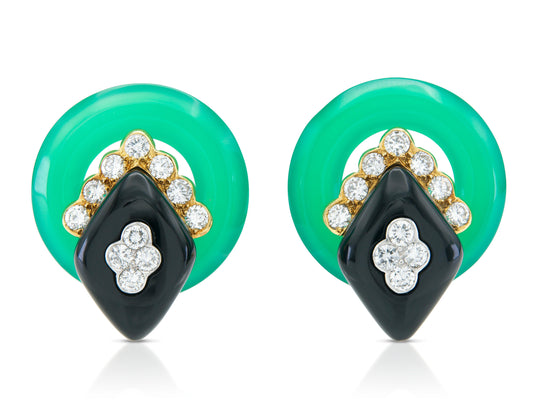 Vintage 1970s Van Cleef & Arpels Chrysoprase, Onyx & Diamond Earrings