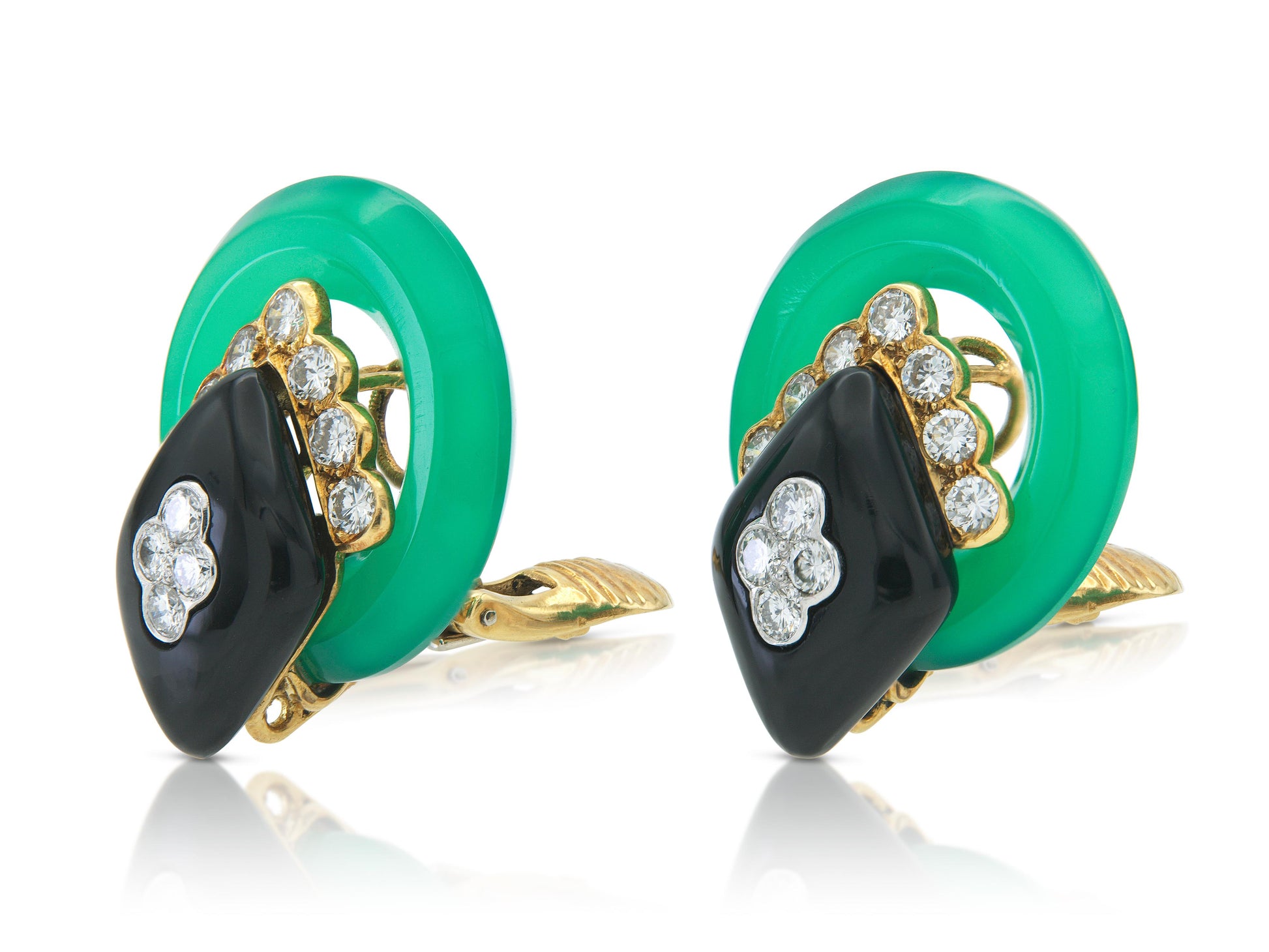 Vintage 1970s Van Cleef & Arpels Chrysoprase, Onyx & Diamond Earrings