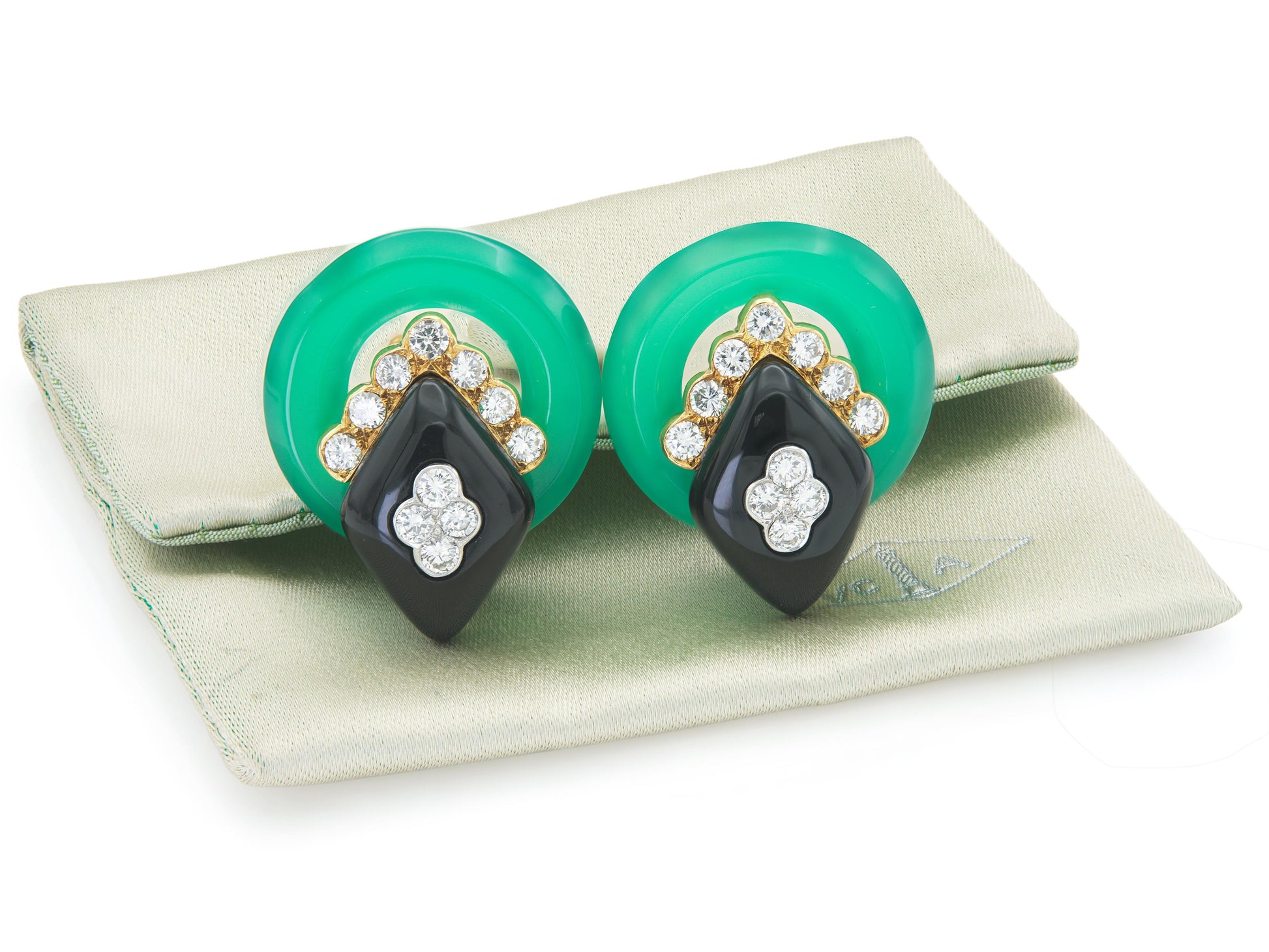 Vintage 1970s Van Cleef & Arpels Chrysoprase, Onyx & Diamond Earrings