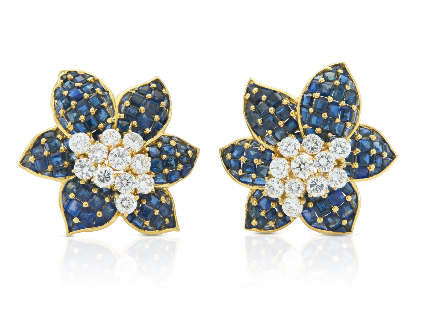 Vintage 1960s 12.00 Carat Sapphire and 2.50 Carat Diamond Flower Earrings