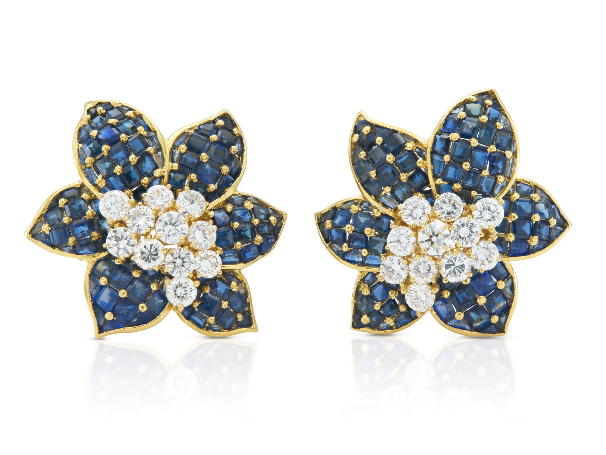 Vintage 1960s 12.00 Carat Sapphire and 2.50 Carat Diamond Flower Earrings