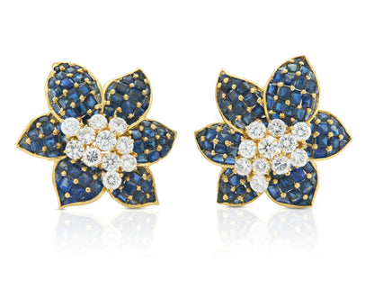 Vintage 1960s 12.00 Carat Sapphire and 2.50 Carat Diamond Flower Earrings