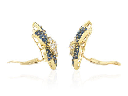 Vintage 1960s 12.00 Carat Sapphire and 2.50 Carat Diamond Flower Earrings