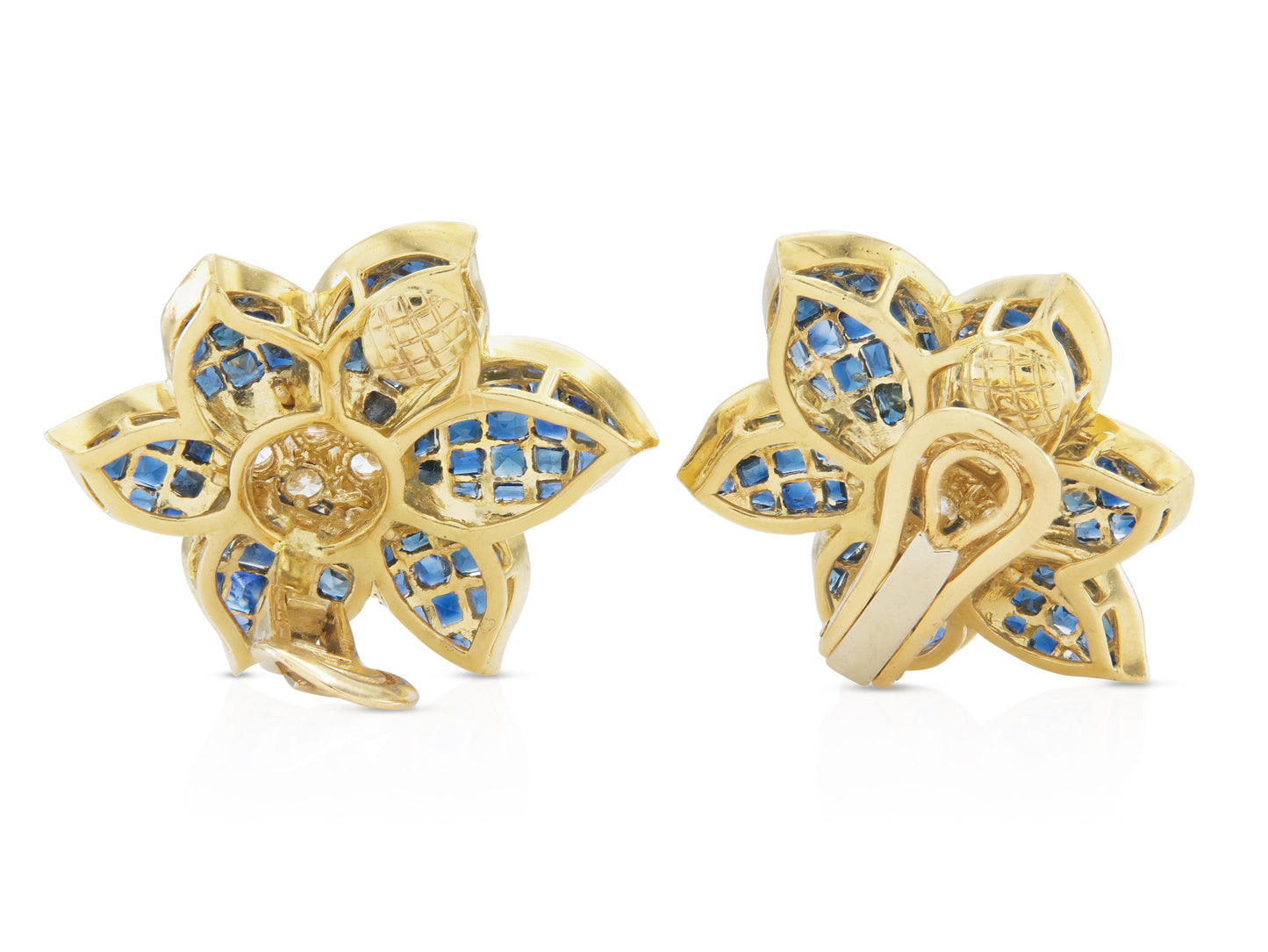 Vintage 1960s 12.00 Carat Sapphire and 2.50 Carat Diamond Flower Earrings