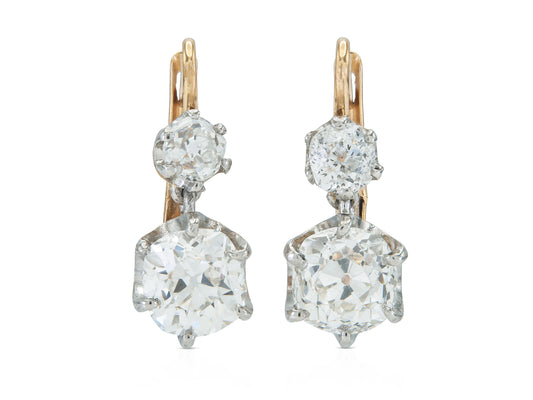 3.51 Carat Old Mine Cut Diamond Dangling Drop Earrings