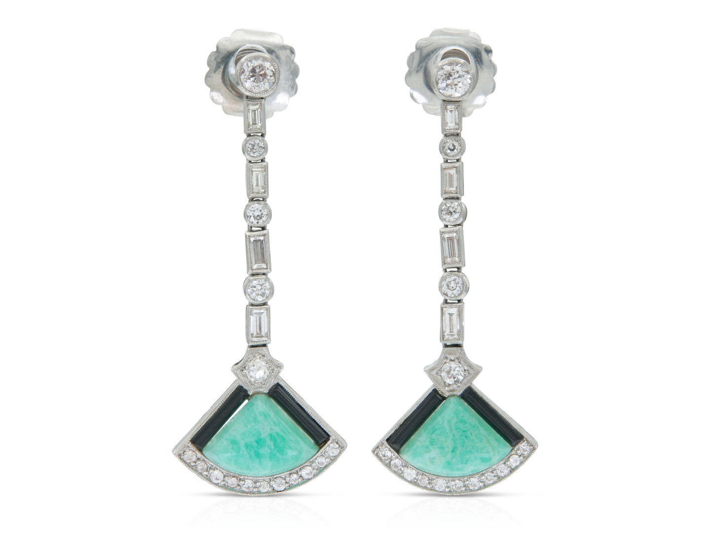 Antique Art Deco Jade, Diamond and Onyx Dangle Earrings