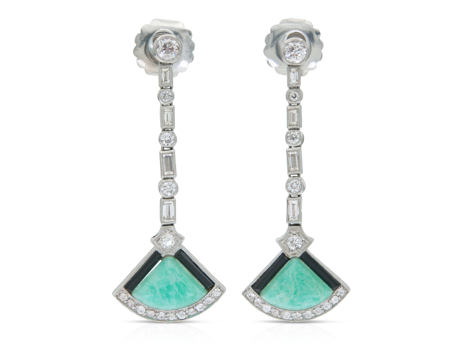 Antique Art Deco Jade, Diamond and Onyx Dangle Earrings