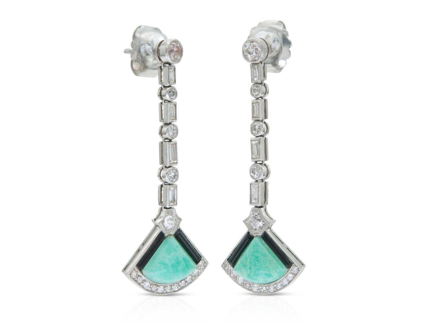 Antique Art Deco Jade, Diamond and Onyx Dangle Earrings