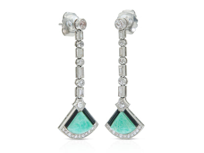 Antique Art Deco Jade, Diamond and Onyx Dangle Earrings