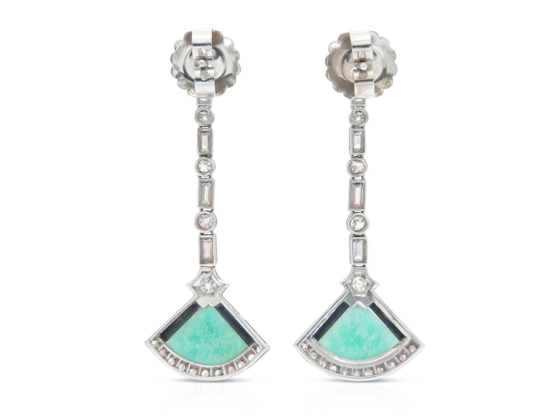 Antique Art Deco Jade, Diamond and Onyx Dangle Earrings