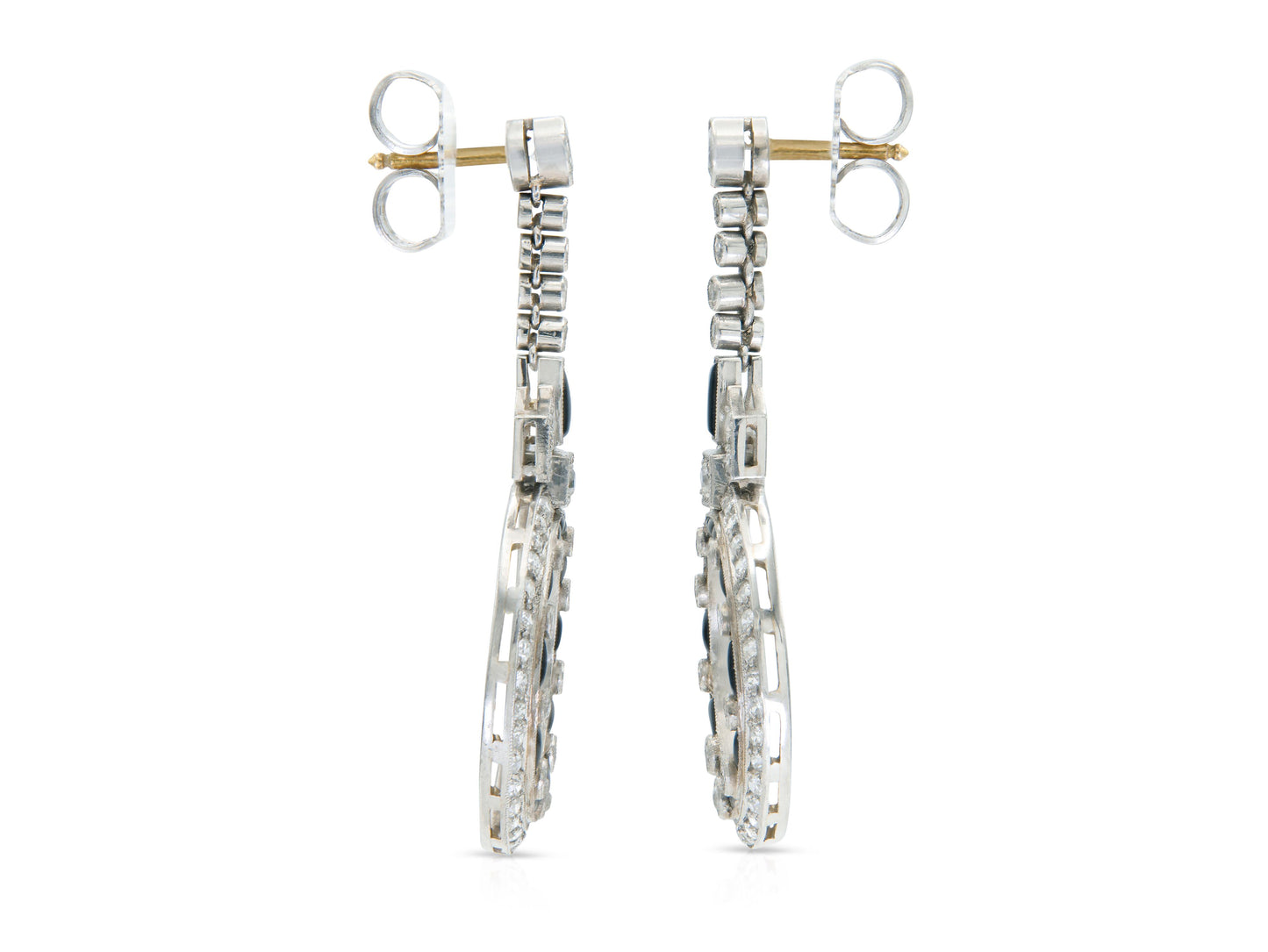 Antique Art Deco Onyx and Diamond Circle Dangle Earrings