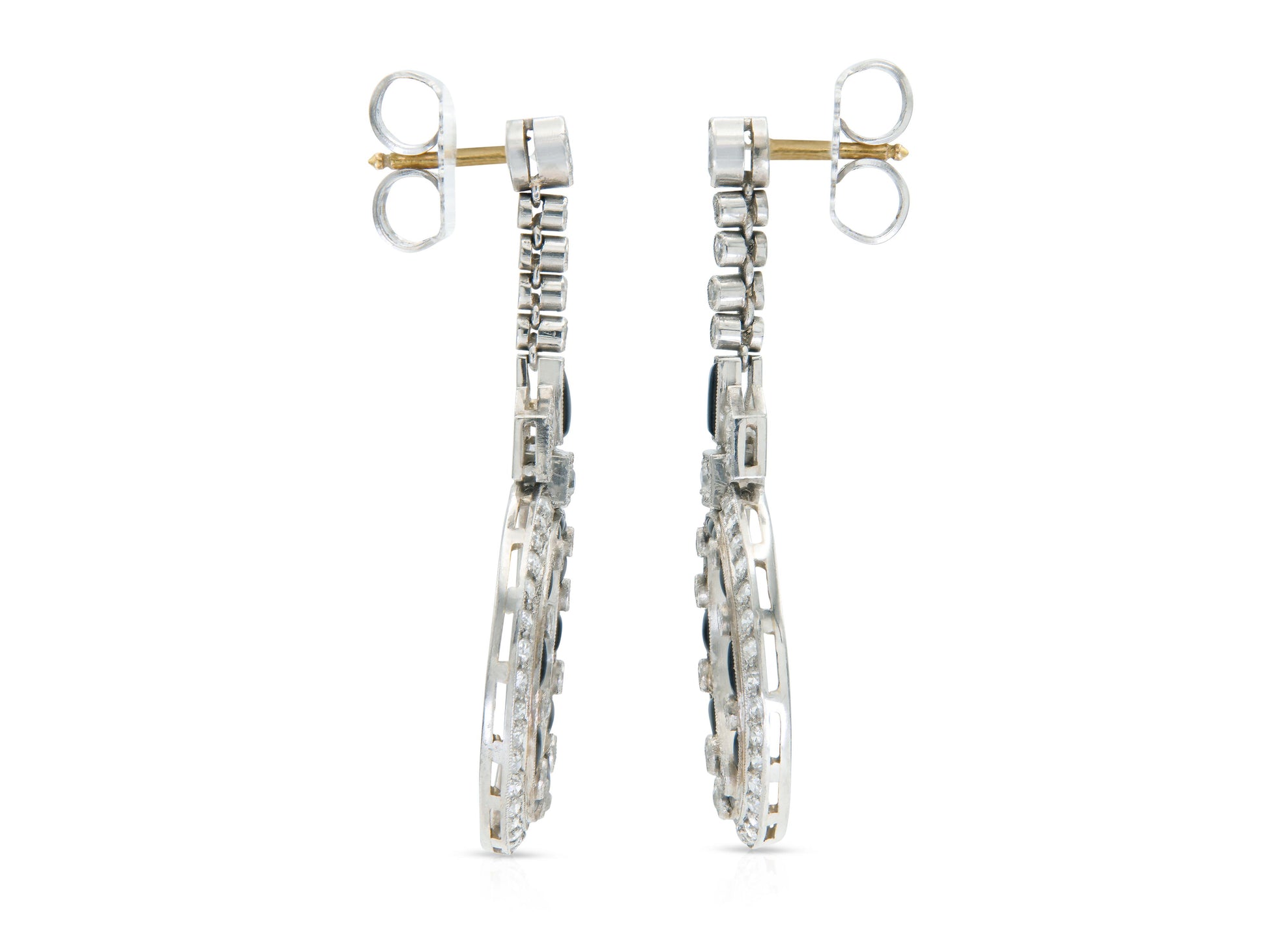 Antique Art Deco Onyx and Diamond Circle Dangle Earrings