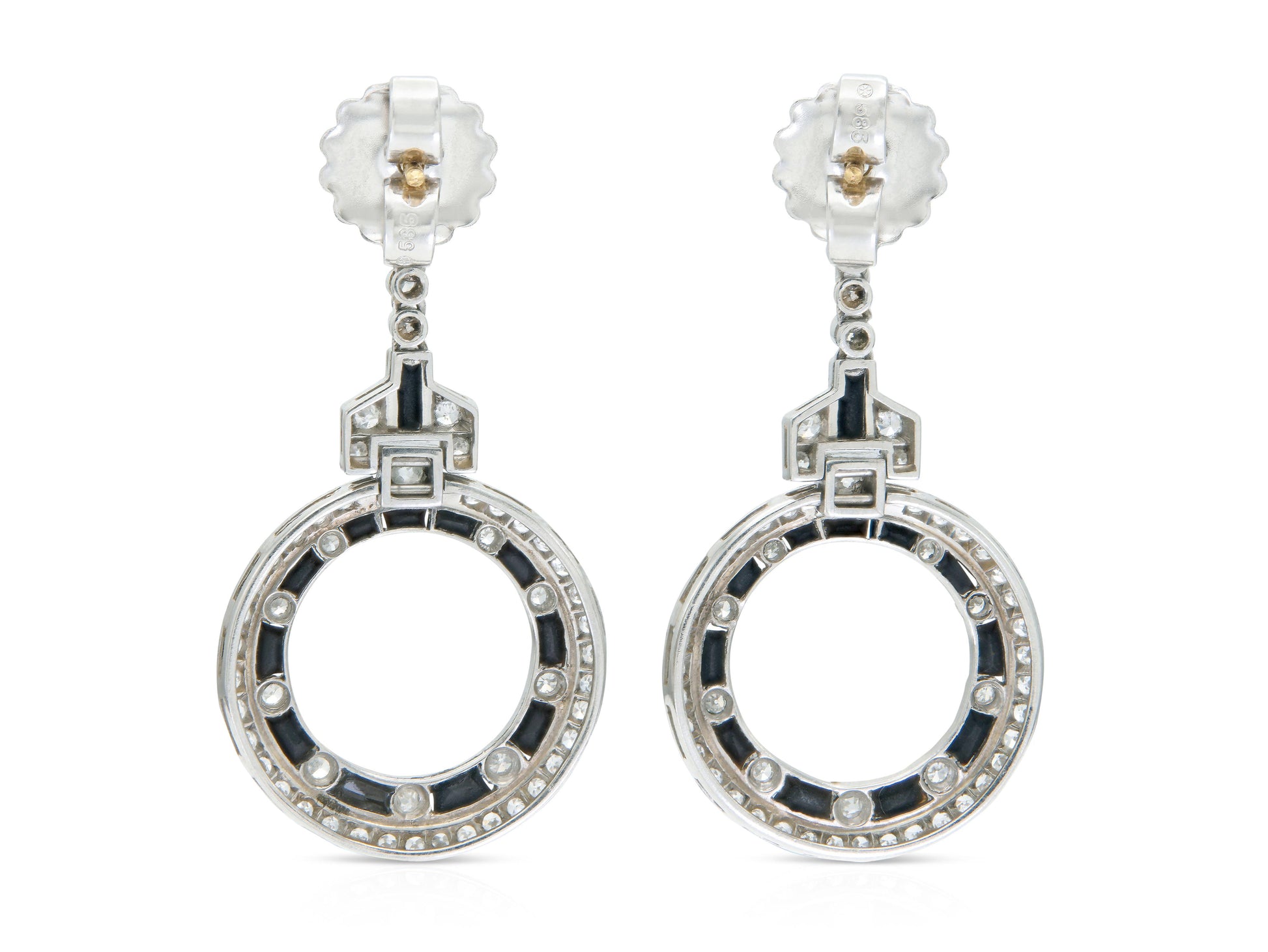 Antique Art Deco Onyx and Diamond Circle Dangle Earrings