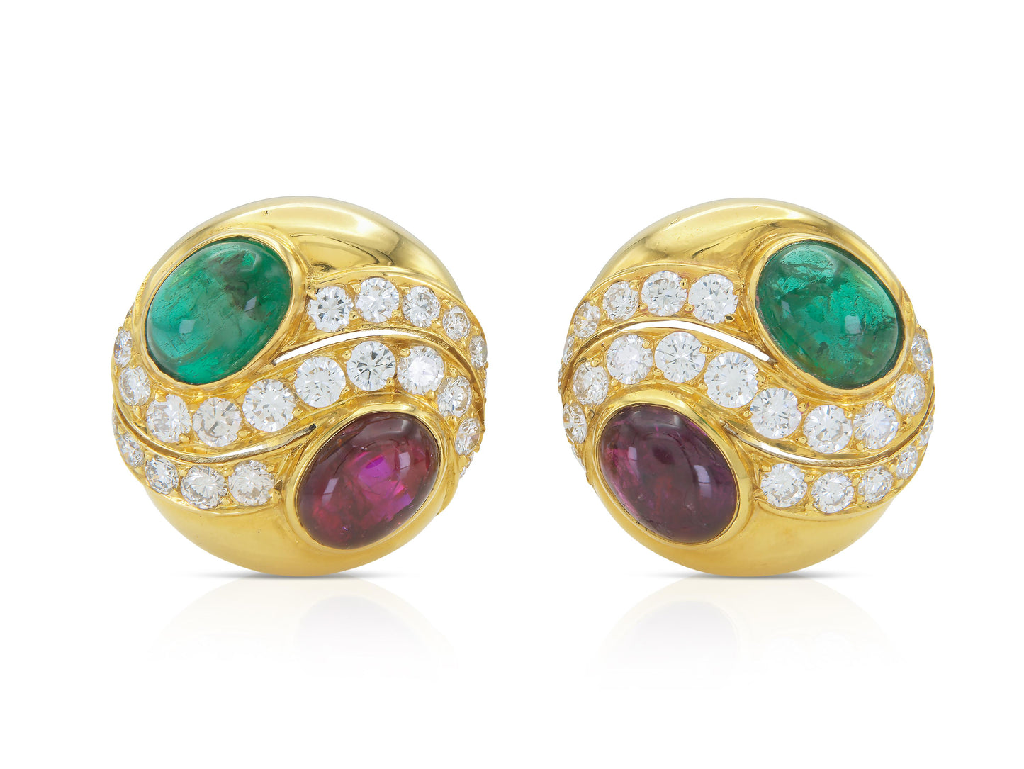 Vintage 1970s Bvlgari Cabochon Emerald and Ruby Earrings with Diamonds