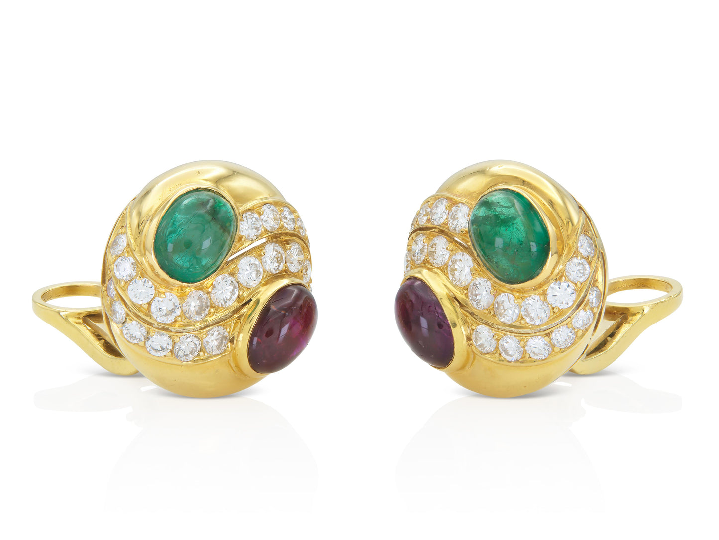Vintage 1970s Bvlgari Cabochon Emerald and Ruby Earrings with Diamonds