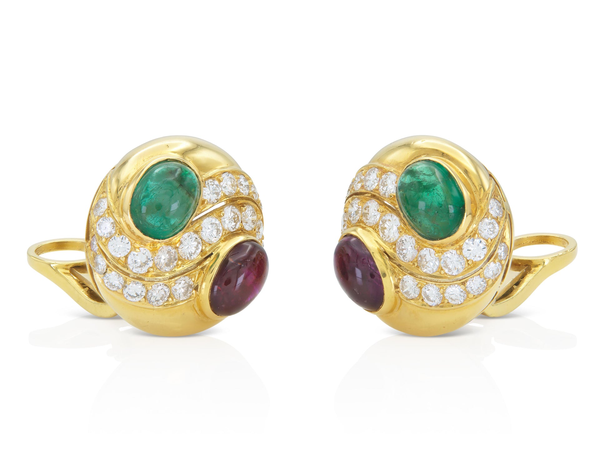 Vintage 1970s Bvlgari Cabochon Emerald and Ruby Earrings with Diamonds