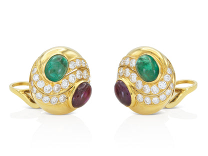 Vintage 1970s Bvlgari Cabochon Emerald and Ruby Earrings with Diamonds