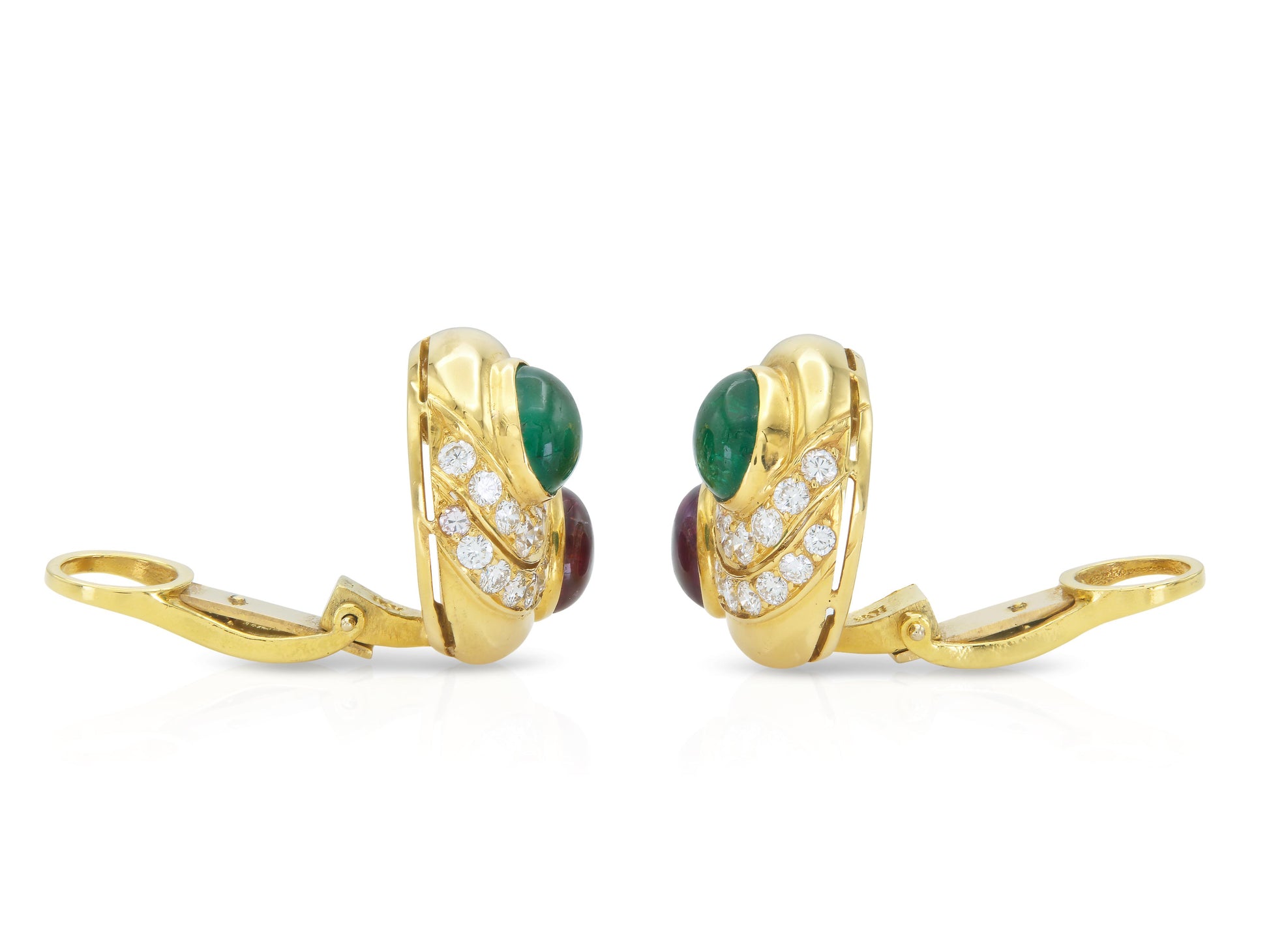 Vintage 1970s Bvlgari Cabochon Emerald and Ruby Earrings with Diamonds
