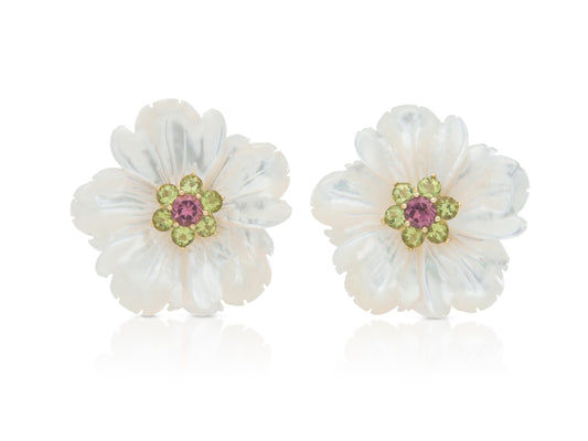 Vintage 1950s Mother of Pearl Flower Earrings with Pink Tourmaline & Peridots