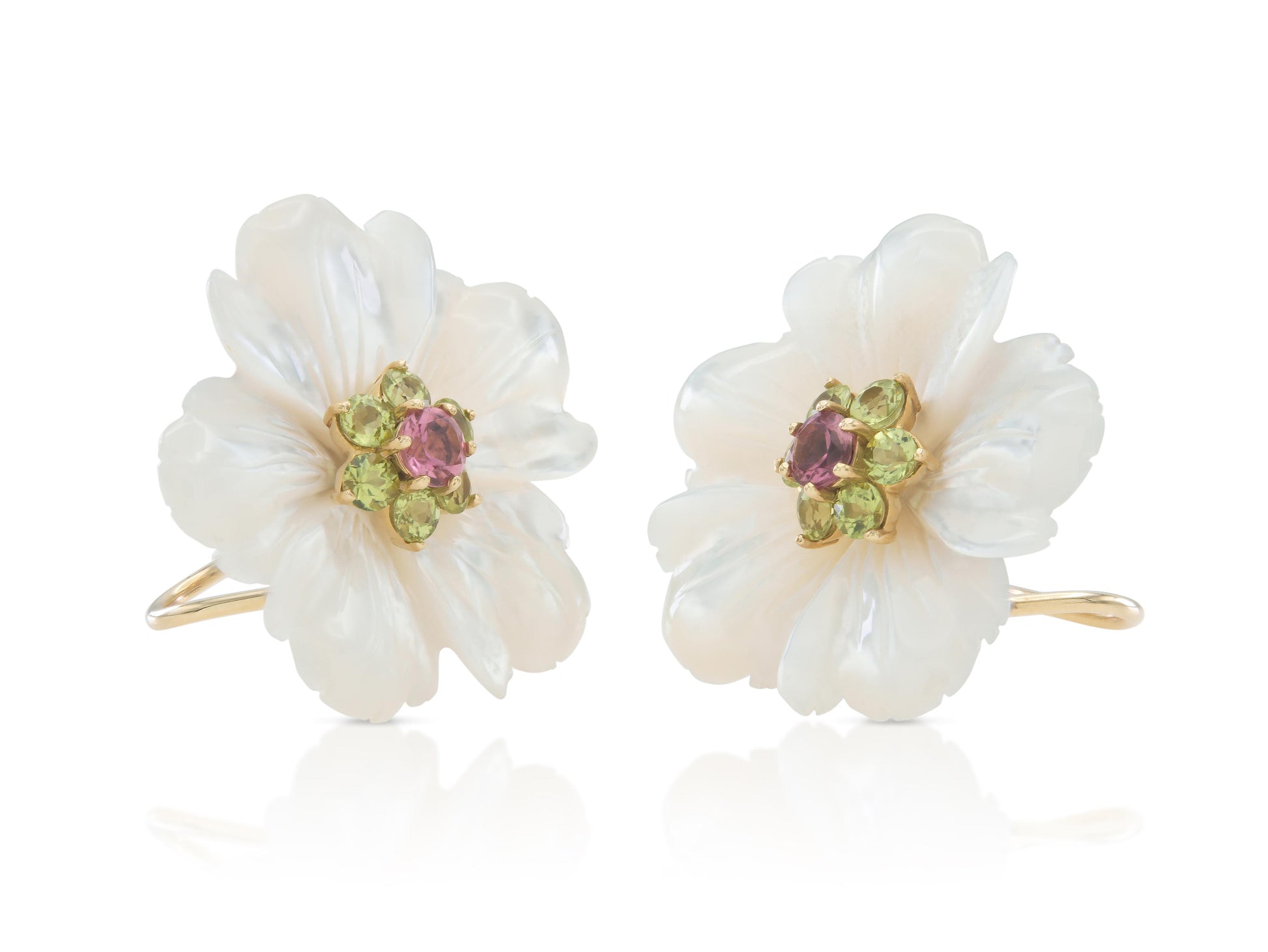 Vintage 1950s Mother of Pearl Flower Earrings with Pink Tourmaline & Peridots