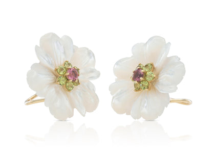 Vintage 1950s Mother of Pearl Flower Earrings with Pink Tourmaline & Peridots